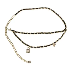 Elegant multi-layer gold metal waist chain belt with black woven leather and lock charms