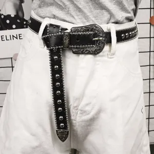 Damen Western Punk Nieten Kunstleder Gürtel Vintage Western Geschnitzte Metallschnalle Stern Besetzt Dünne Taille Gürtel Für Jeans Casual Dekorativ