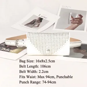 White studded punk style leather belt bag for women, adjustable waist pack accessory