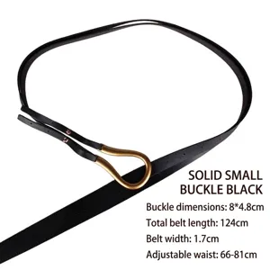 Ceinture élégante en cuir noir mince avec boucle métallique solide en forme de U dorée