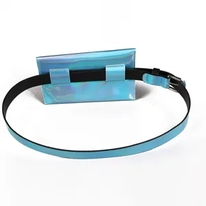 Elegante marsupio olografico blu cangiante con cintura in finta pelle nera da donna