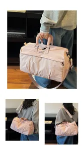 Detailed view of lightweight pink travel duffel bag with quilted texture and strap.