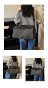 Multi-view of a black grid travel bag carried on shoulder for short trips.