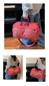 Large capacity red travel duffel bag with grid pattern shown being carried by a model