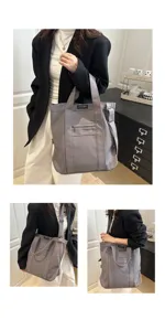 Detailed views of a versatile gray canvas tote bag in handheld and crossbody styles
