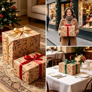 Sustainable kraft Christmas wrapping paper featuring a cute reindeer pattern for gift boxes