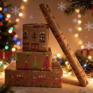 Festliches Weihnachts-Geschenkpapier aus Kraftpapier mit LKW- und Baum-Motiven