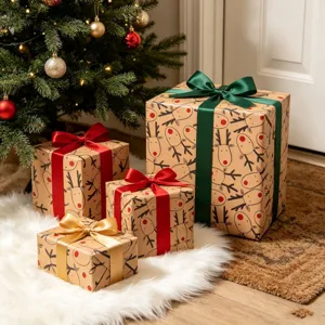 Detail of reindeer pattern kraft Christmas wrapping paper on festive gift boxes.