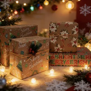 Hochwertiges Kraft-Weihnachtsgeschenkpapier-Set mit festlichen Merry Christmas Motiven