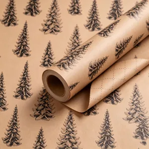 Detail of brown kraft Christmas wrapping paper featuring black pine tree patterns and grid
