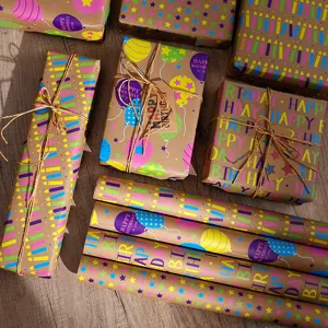 Fluorescent Birthday Gift Wrapping Paper Roll Star Balloon Candle Design Eco Friendly Kraft Paper For Party