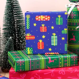 Buntes Cartoon-Weihnachtsgeschenkpapier mit festlichen Rentier- und Schleifenmustern