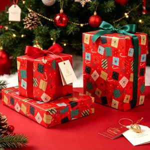 Papel de regalo de Navidad rojo festivo con varios motivos de cajas y cintas a juego
