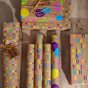 Premium fluorescent Happy Birthday and stars pattern kraft gift wrapping paper rolls for gifts