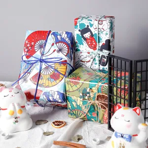 Chinese style gift wrapping paper with fan and cartoon patterns for DIY crafts