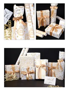 Vista dettagliata della carta da regalo natalizia bianca e oro con eleganti motivi festivi
