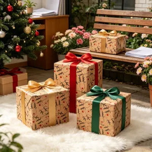 Reindeer pattern kraft Christmas wrapping paper roll with festive colorful ribbons.