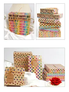 Vista detallada de varios rollos de papel de regalo kraft con patrones de colores