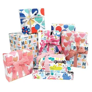 Colorful cartoon birthday gift wrapping paper set with vibrant patterns and ribbons