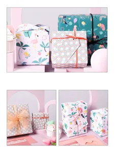 Détail du papier cadeau kraft blanc 80g avec motifs tropicaux de flamants roses et arcs-en-ciel