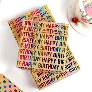Papel kraft de regalo con letras Happy Birthday arcoíris para DIY