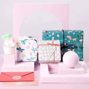Papier Cadeau Forêt Tropicale Papier Kraft Blanc Motif Flamant Rose Arc-en-Ciel Illustration Florale Papier pour Anniversaire Saint-Valentin