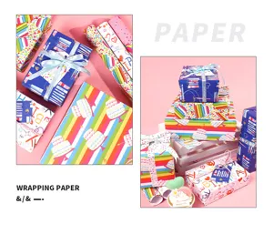 Juego de papel de regalo de cumpleaños con patrones de pasteles y velas para cajas de regalo.
