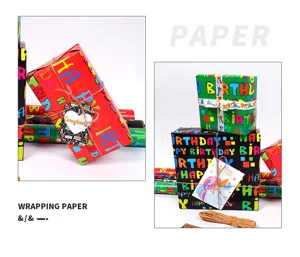Close-up of colorful Happy Birthday themed gift wrapping paper and decorative gift cards.