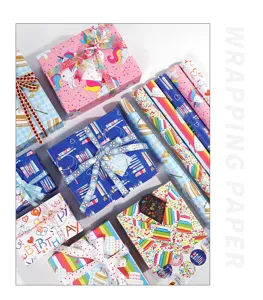 Surtido de rollos de papel de regalo de cumpleaños con coloridos dibujos de unicornios