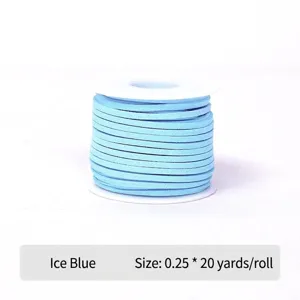Detailed view of light blue faux suede cord on a white spool for gift wrapping.