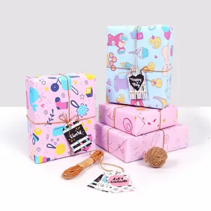 Cute cartoon baby gift wrapping paper set with pink and blue colors for birthday parties