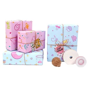 Cartoon baby gift wrapping paper in pink and blue colors for birthday and baby shower gifts