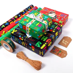 Vibrant Happy Birthday gift wrapping paper set with tags, ribbons, and twine for kids