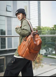 Mochila vintage de cuero marrón de gran capacidad para uso diario en la ciudad
