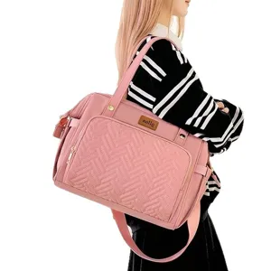 Multifunktionale rosa Wickeltasche mit großer Kapazität und elegantem Steppdesign für Mamas