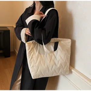 Bolso tote grande acolchado con patrón en V para la moda femenina de otoño invierno