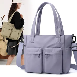 Large capacity multi-pocket lavender canvas tote bag for commuter women