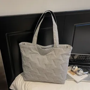 Bolso tote acolchado gris grande con patrón en V para mujer, elegante bolso de hombro diario