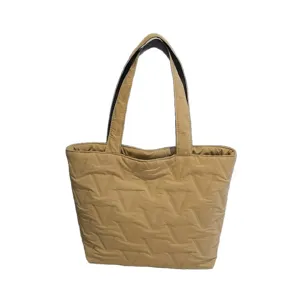 Bolso tote grande de lona acolchada caqui con patrón en V para otoño e invierno