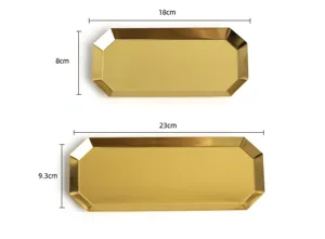 Detaillierte Maße der goldenen achteckigen Edelstahltabletts in 18 cm und 23 cm.