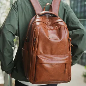 Mochila vintage de cuero sintético marrón con gran capacidad para viajes y uso diario