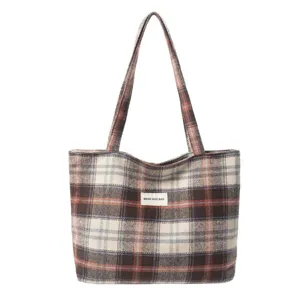 Bolso tote vintage de lana a cuadros en marrón y naranja para otoño e invierno
