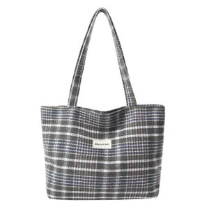 Bolso tote vintage de lana a cuadros grises y azules con correas para mujeres