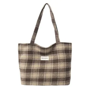 Bolso tote de lana a cuadros marrón retro para mujer, bolso de hombro de invierno