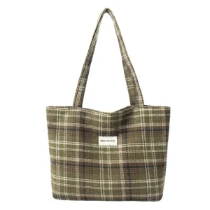 Bolso tote de lana a cuadros verdes retro otoño invierno bolso de hombro informal para mujer
