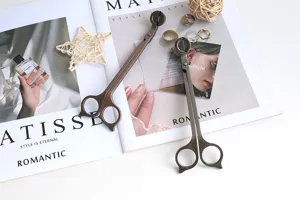 Antike Dochtscheren in Bronze und Silber auf einer Vintage-Lifestyle-Zeitschrift.