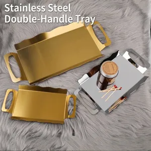 Modern Minimalistisch Edelstahl Rechteckiges Tablett Mit Doppelgriffe Wellenkante Gebürstetes Metall Servierplatte Für Brot Kuchen Dessert Home Küche Deko