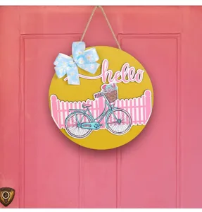 Ronde houten Hello deurbordje met fiets en blauwe strik woondecor