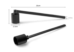 Matte black stainless steel candle snuffer detail with 16cm length and 2.3cm diameter markings.