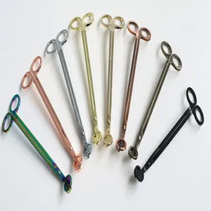 Close-up detail shot of stainless steel candle wick trimmers in 8 metallic finishes.